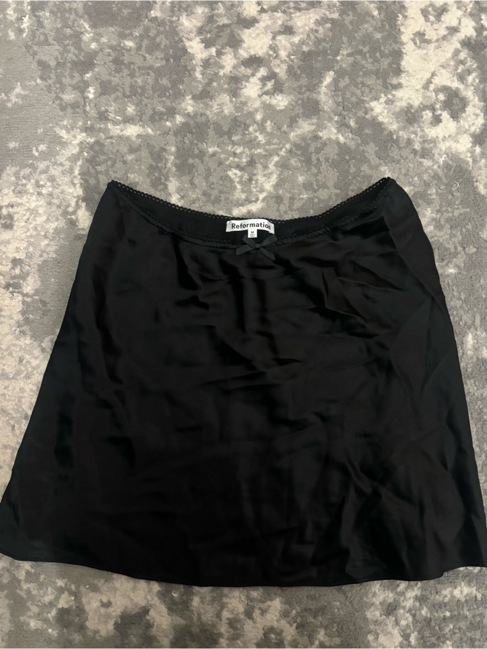 Reformation Black Satin Slip Skirt with Bow Detail